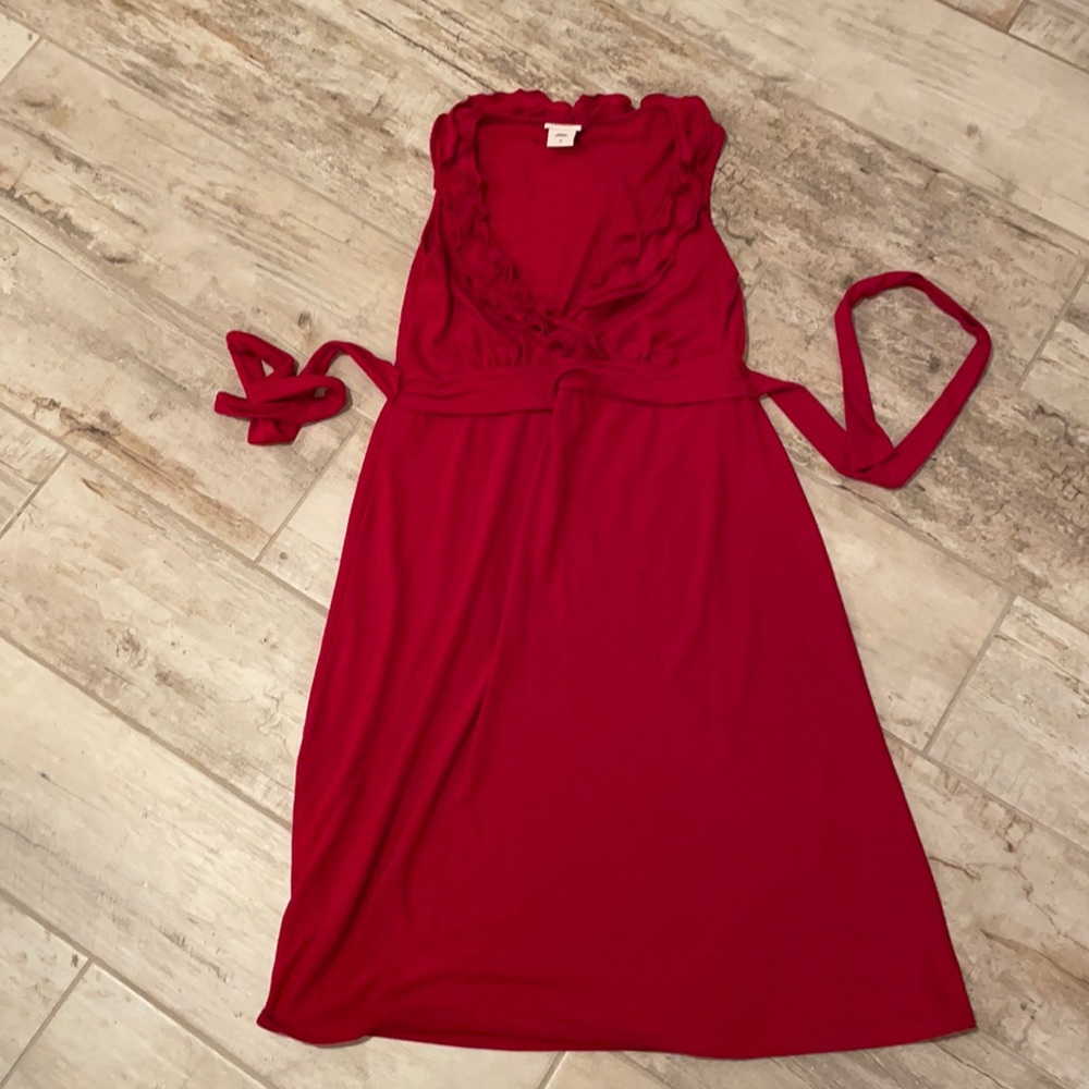 Red wrap Maternity Dress with ruffle neckline